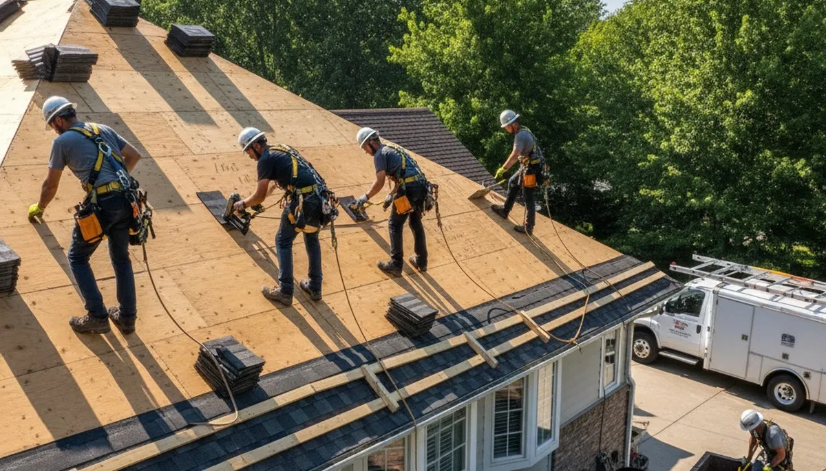 Orlando, FL roofing crew replacing storm-damaged shingles for a durable new roof